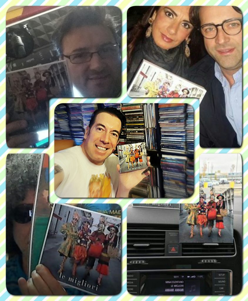 selfie dei fans con la copertina dell'album "Le migliori" di Mina e Celentano