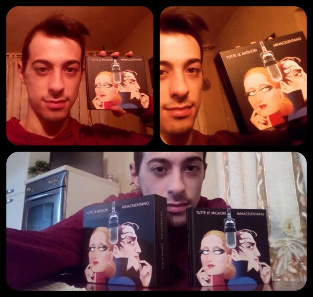 selfie di Gianluca Carpita con la copertina dell'album "Tutte Le Migliori" di Mina e Celentano