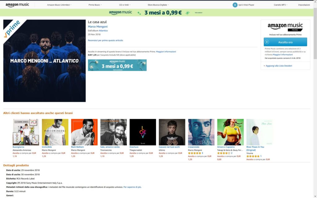 pagine web del brano "La casa azul" su Amazon Music