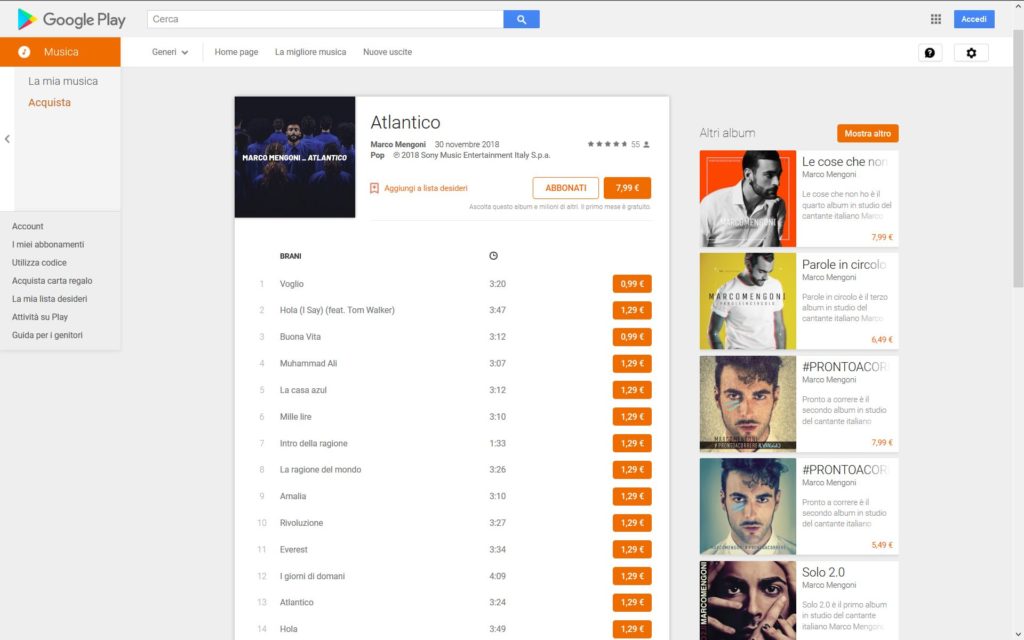 pagine web del brano "La casa azul" su Google Play Music