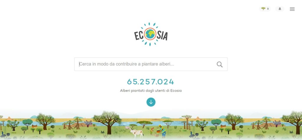 homepage del motore di ricerca Ecosia (www.ecosia.org)