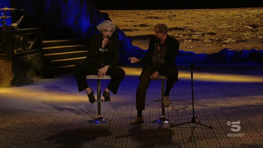 Adriano Celentano e Morgan durante lo show "Adrian Live - Questa è la storia..." su Canale 5
